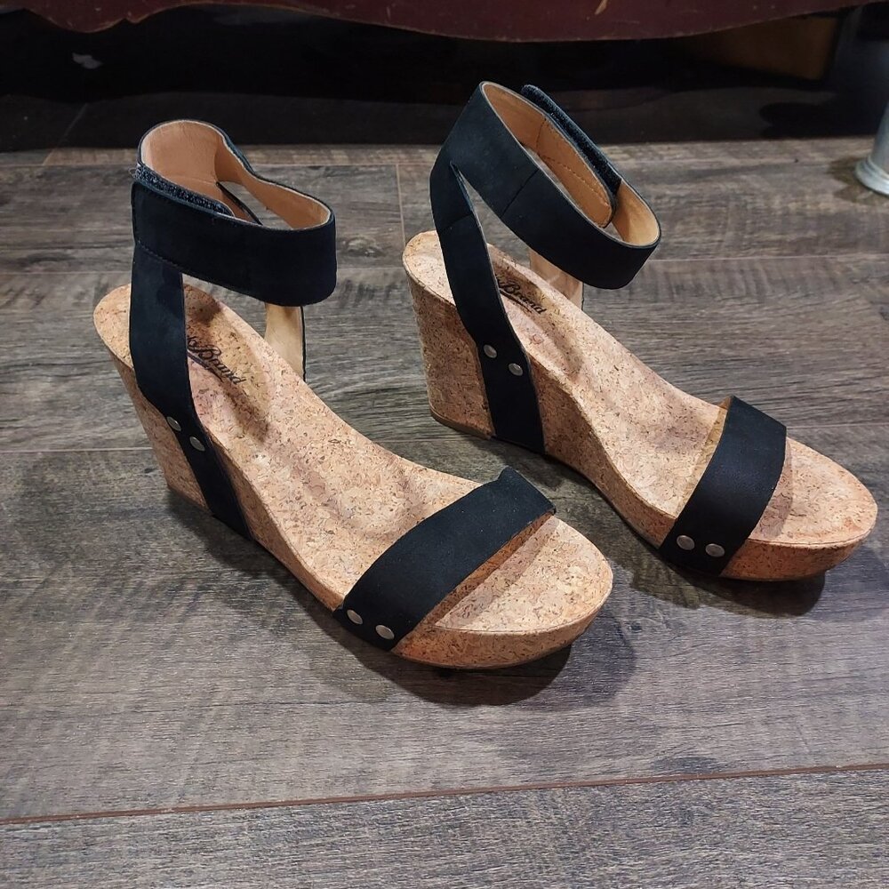 Lucky Brand Black Suede Sandal Ankle Strap Cork Wedge Heel Size7.5M USA Mcdowell - Picture 7 of 9